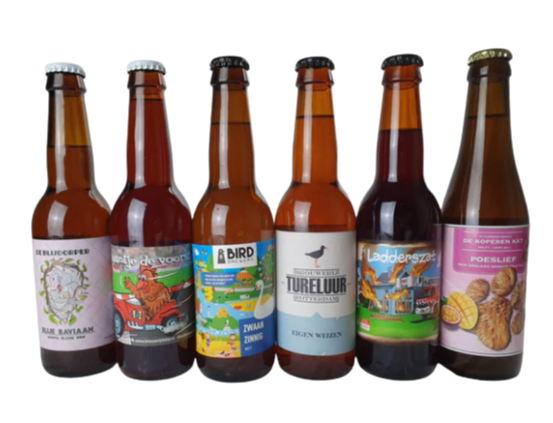 Zes flesjes Nederlands speciaalbier met grappige namen op een rij